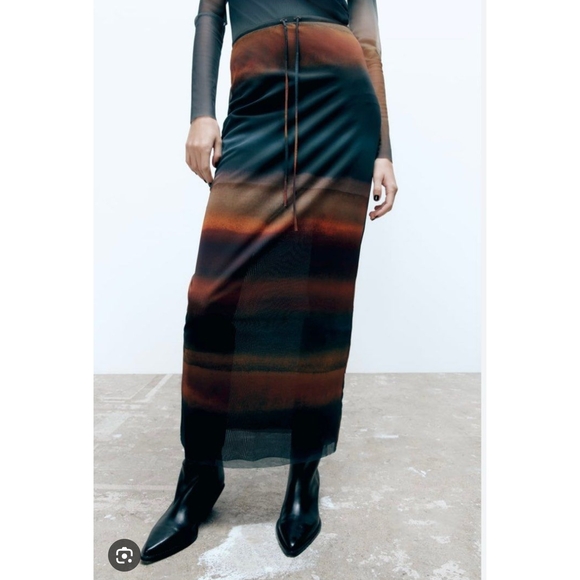 Zara Dresses & Skirts - Zara Tulle Printed Skirt Semi Sheer Sunset Cool Color Watercolor Maxi| Small
